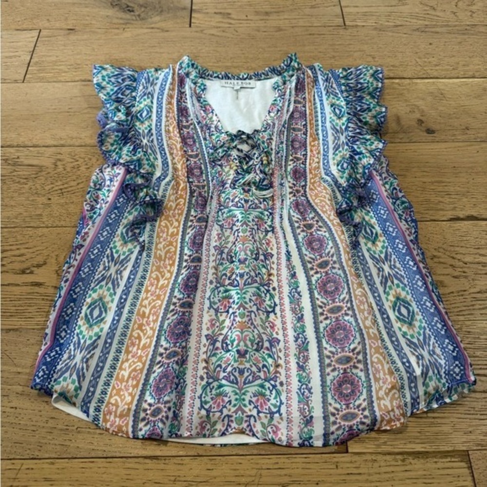 Hale Bob Silk Blend Paisley Boho Ruffle Lace Up‎ Tassel Blouse Medium (970)